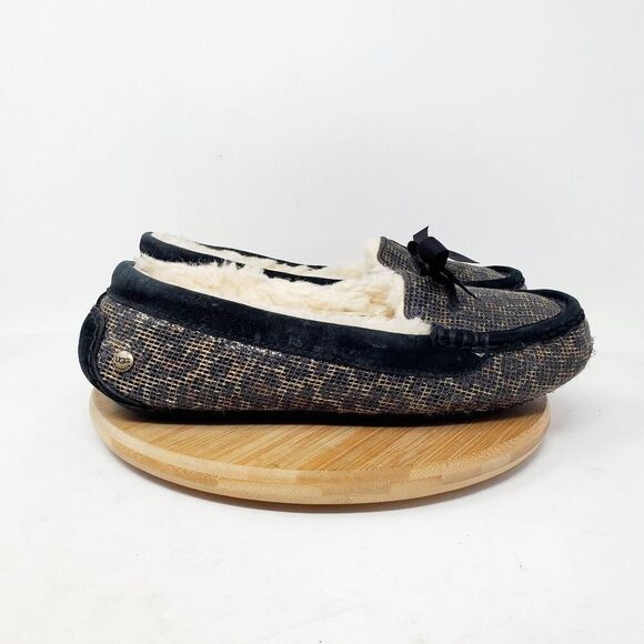 UGG Rylee Slipper Womens 8 Black Metallic Leopard Shearling Loafer Moc Toe Shoe - Picture 8 of 14
